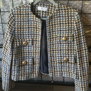 Mango Blue and Brown Blazer Classic Houndstooth Design